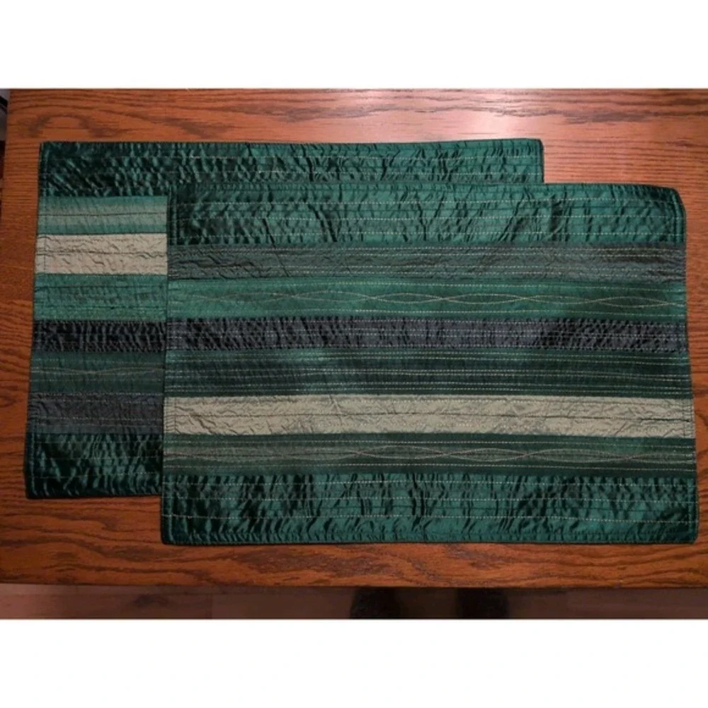 Green Quilted Placemats Set of 2 Metallic Copper Stitching Striped 19x13 Boho